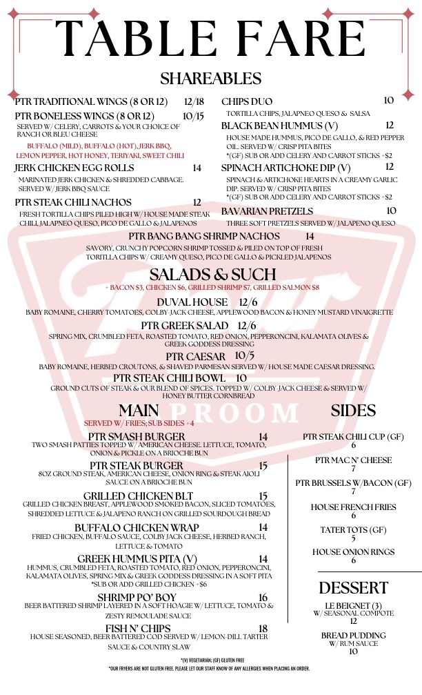 PTR Jacksonville MENU