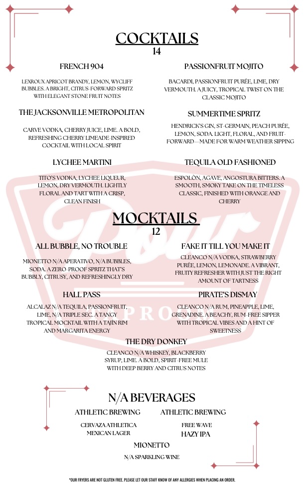 PTR Jacksonville MENU