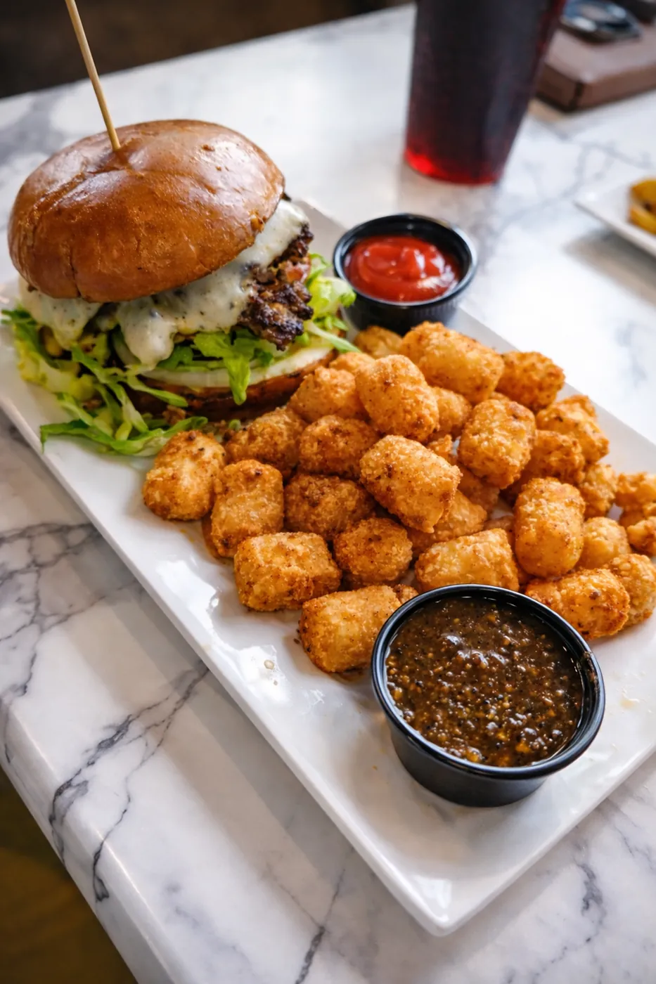 Burger with tots at Pour Taproom Jacksonville